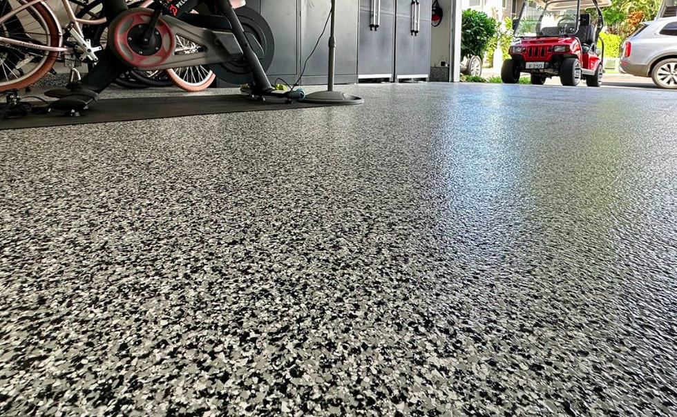 Polyaspartic flake garage floor close-up